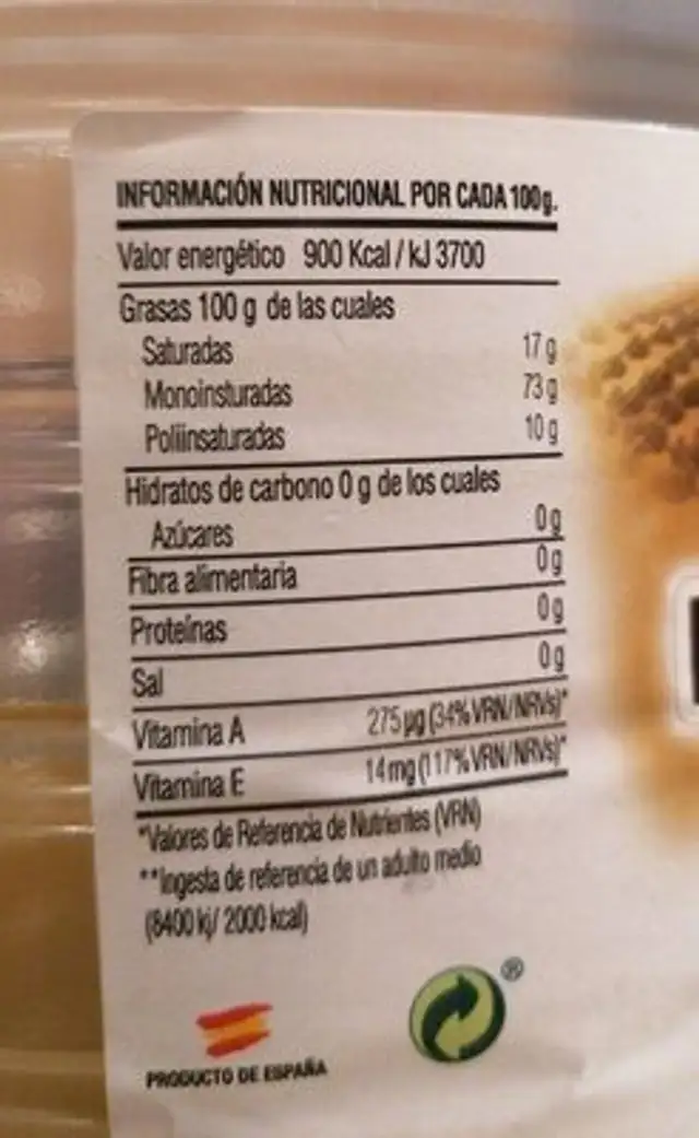 Aceite de oliva virgen extra nutrition facts table