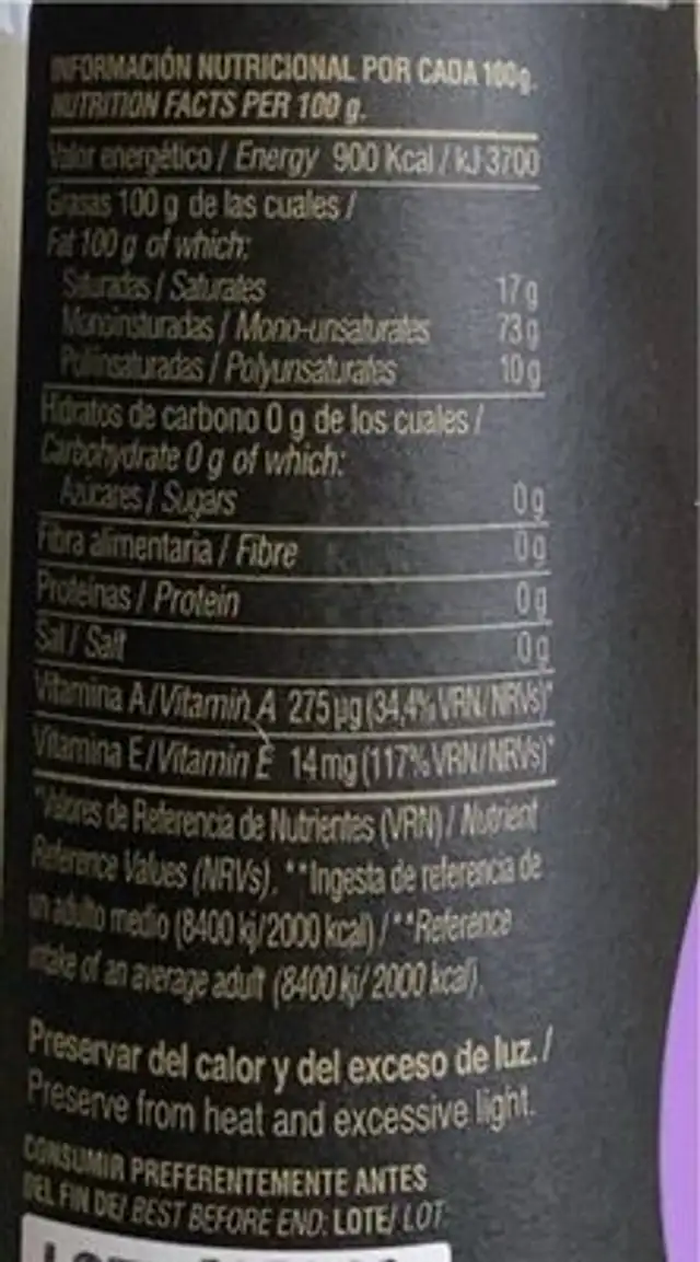 Aceite nutrition facts table