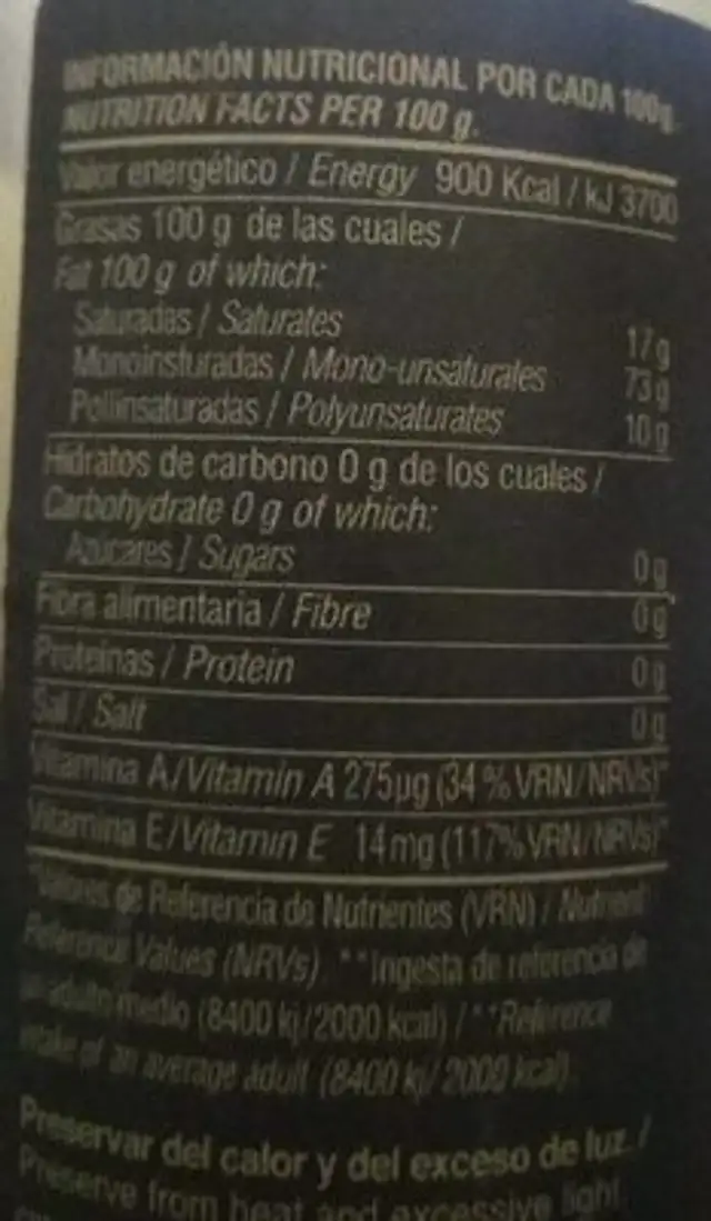 Aceite de oliva virgen extra nutrition facts table