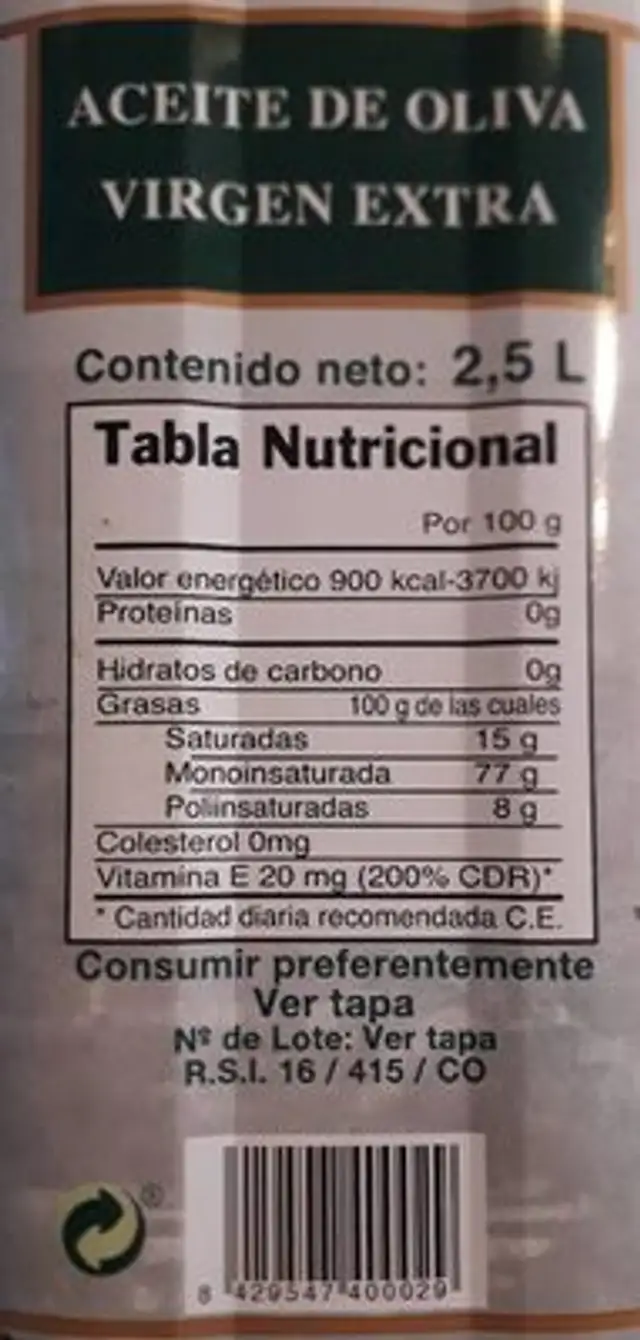 Aceite de oliva virgen extra nutrition facts table