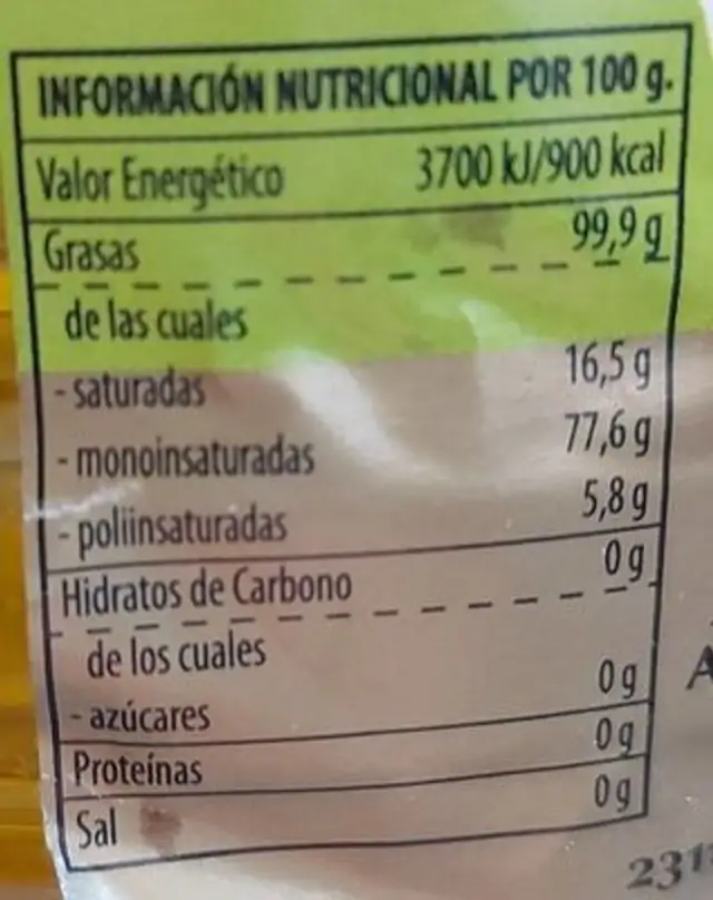 Aceite de oliva virgen extra nutrition facts table