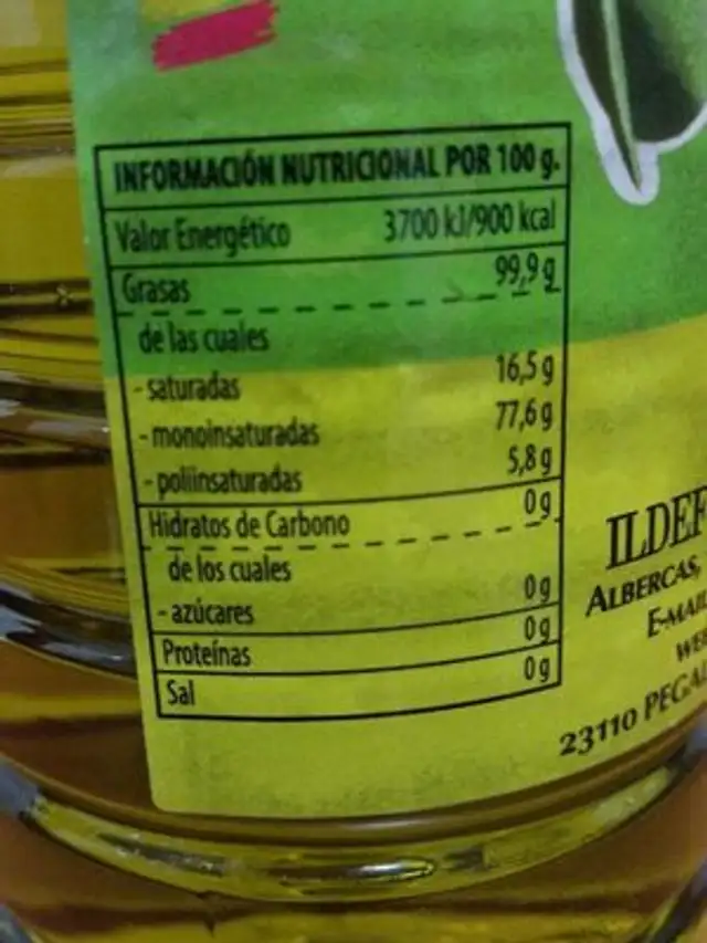 Aceite de Oliva Virgen nutrition facts table