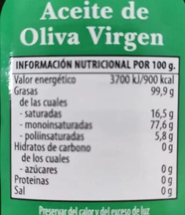 Aceite de oliva nutrition facts table
