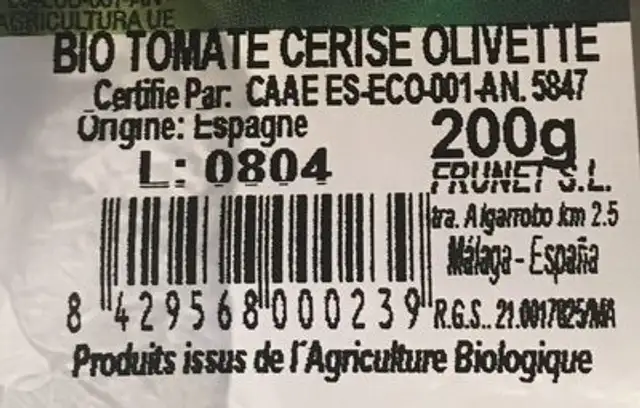 Bio tomates cerise olivette ingredients label