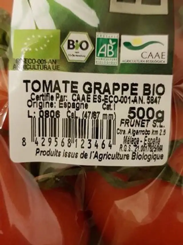 Tomate grappe bio ingredients label