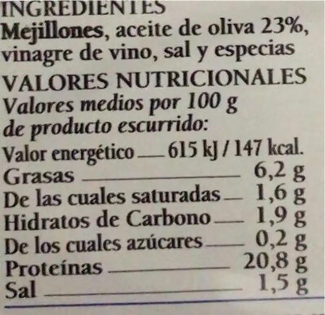Frinsa Mejillones En Escabeche Rías Gallegas nutrition facts table