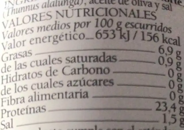 Bonito del Norte nutrition facts table