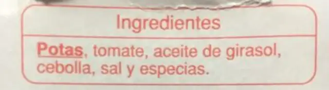 Calamar a l'americaine ingredients label