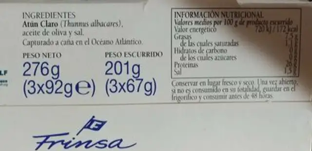 Atun claro en aceite oliva nutrition facts table