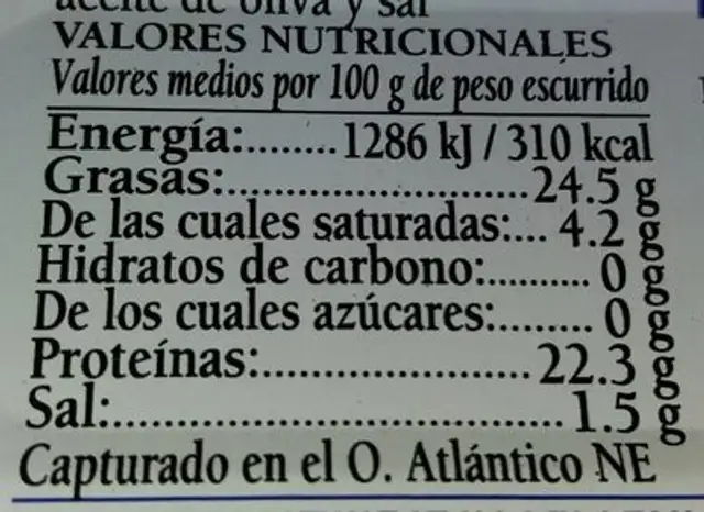 Ventresca de bonito en aceite de oliva nutrition facts table
