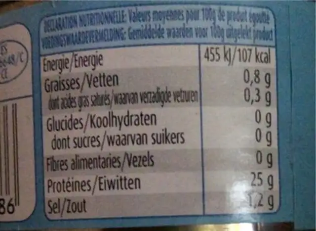 Thon Morceaux nutrition facts table