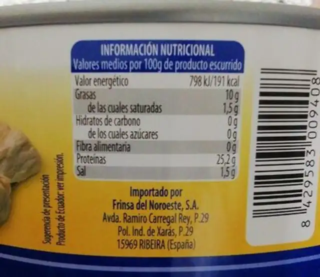 Atun en aceite de girasol nutrition facts table