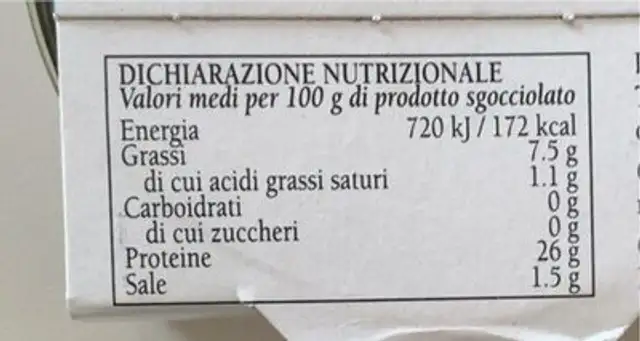 Tonno Pinne Gialle all’Olio d’Oliva nutrition facts table