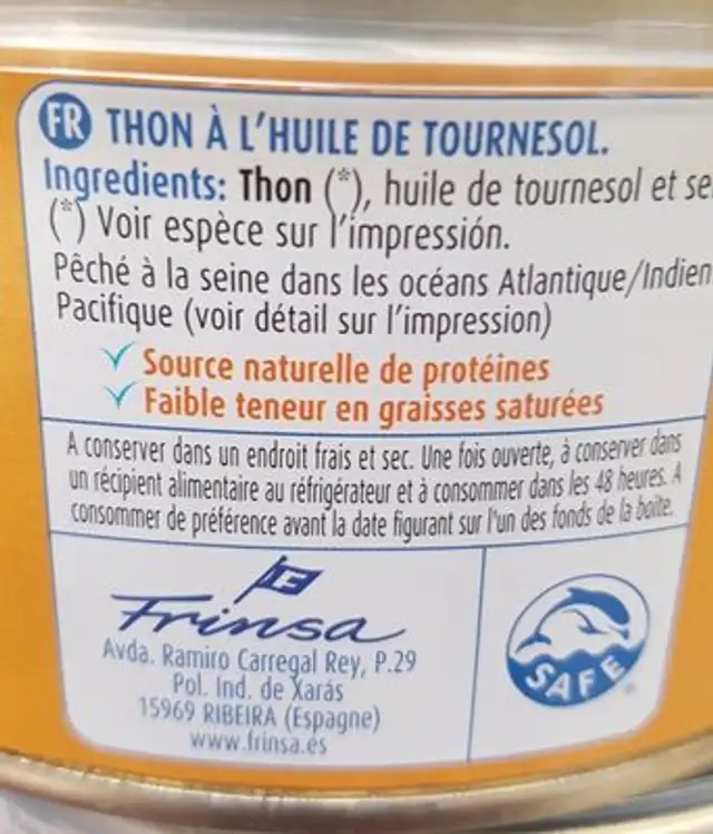 Thon a l'huile ingredients label