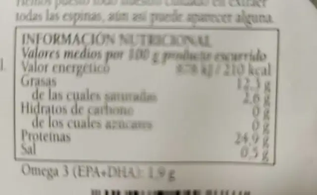 Filetes de sardina nutrition facts table
