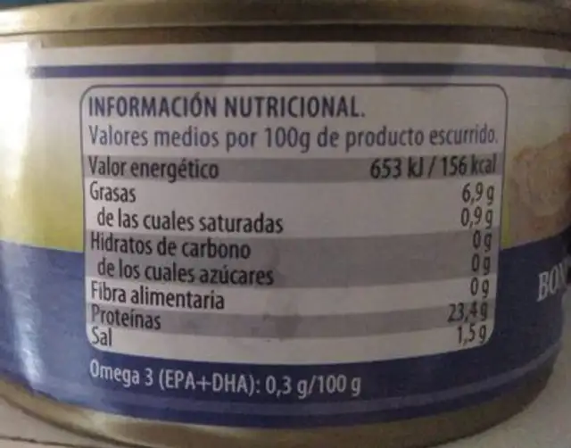 Bonito del Norte nutrition facts table