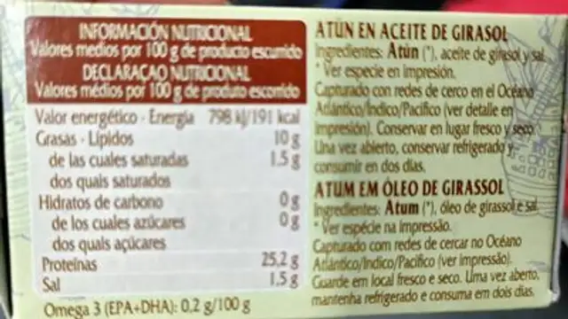 Atun en aceite de girasol nutrition facts table