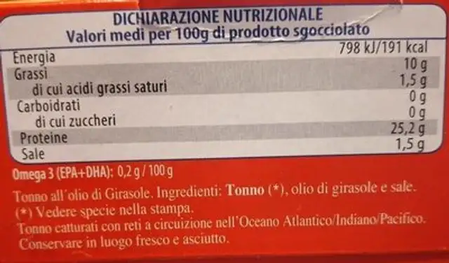 Tonno nutrition facts table