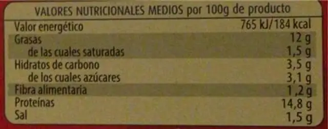 Atún en Tomate nutrition facts table