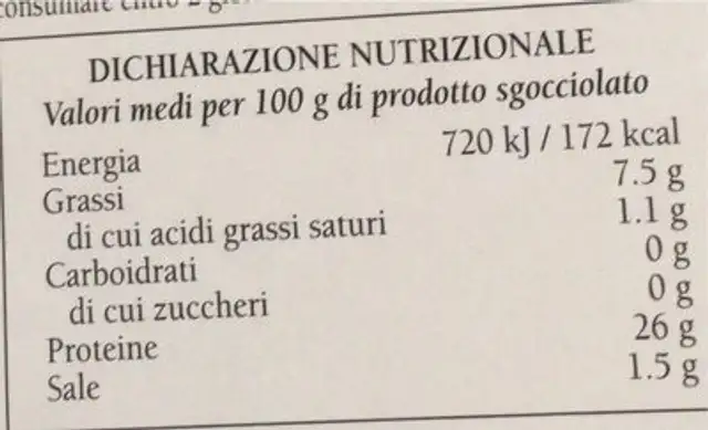 Tonno pinne gialle nutrition facts table