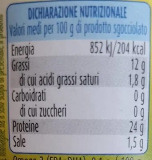 Tonno all'olio d'oliva nutrition facts table