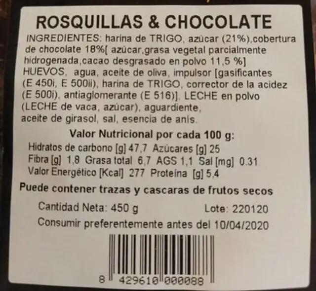 Rosquillas y Chocolate nutrition facts table