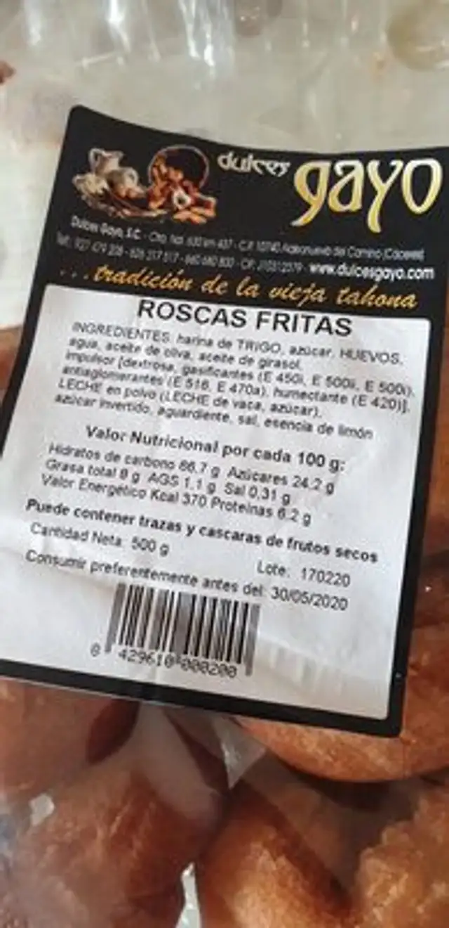 Roscas fritas ingredients label