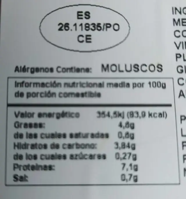 Mejillones a la vinagreta nutrition facts table