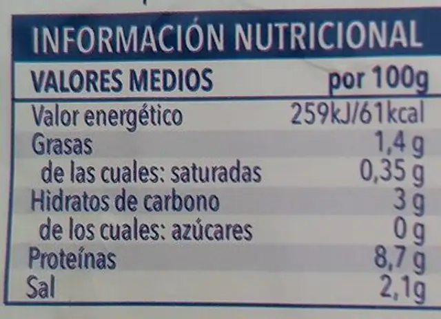 Mejillones nutrition facts table