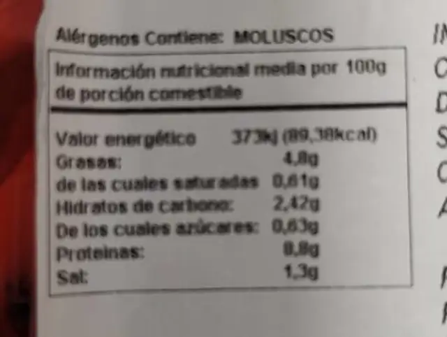 Mejillones en escabeche nutrition facts table