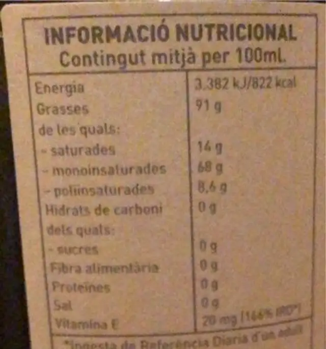 Oli d’Oliva Arbequina Verge Extra nutrition facts table