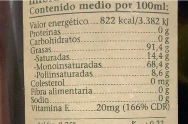 Aceite de oliva virgen extra nutrition facts table