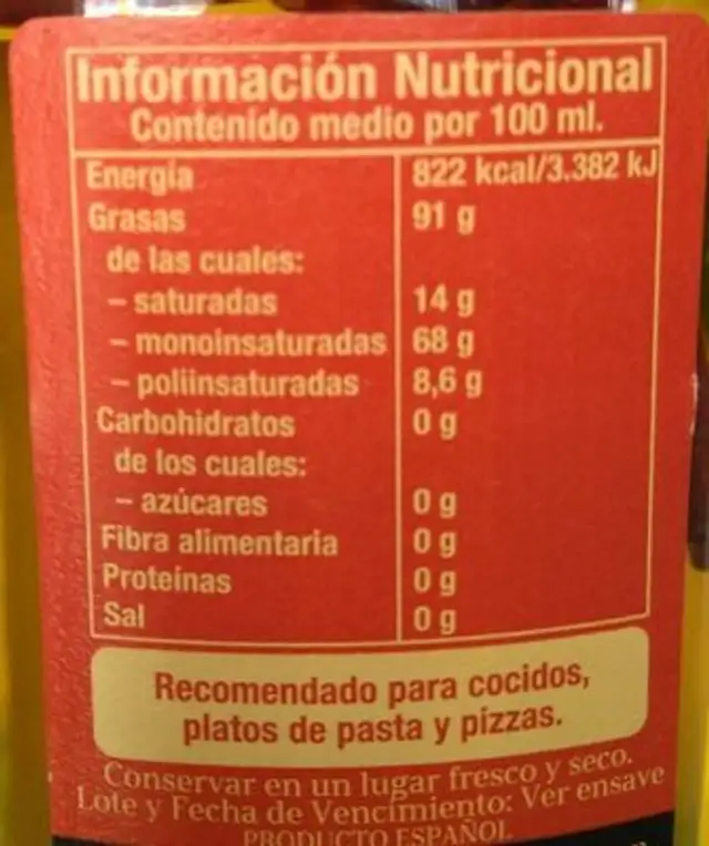 Aceite de oliva virgen extra con guindilla nutrition facts table