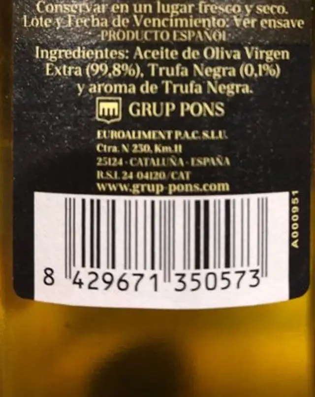 Azeite Ex. Virgem Trufa Negra 250ML - Cantu ingredients label