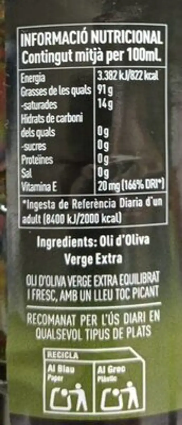 Oli d'oliva verge extra nutrition facts table
