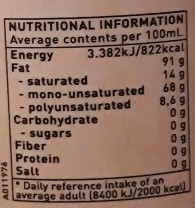 Aceite de oliva nutrition facts table