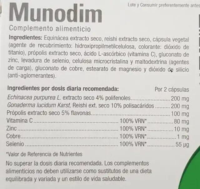 Munodim nutrition facts table