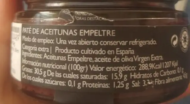 Paté de aceitunas empeltre nutrition facts table