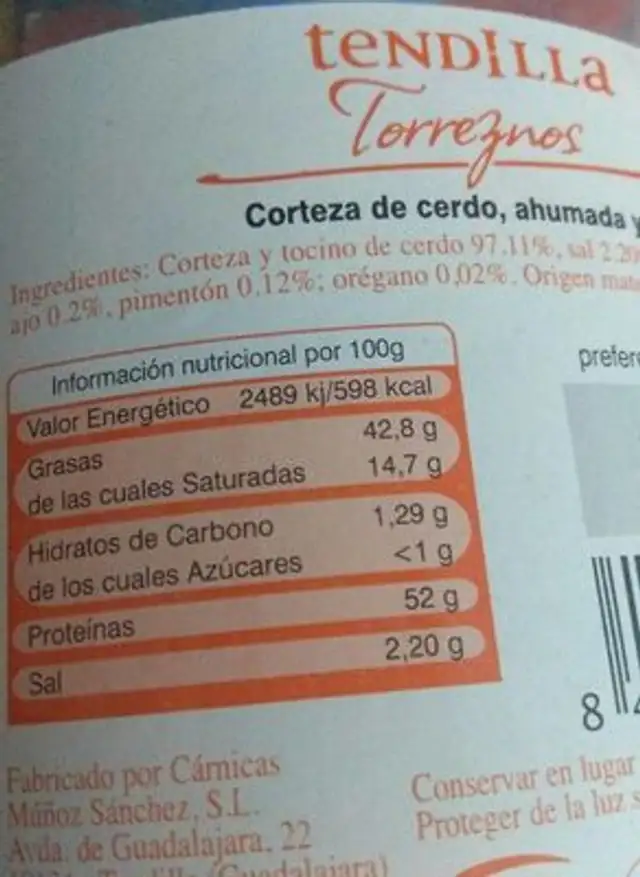 Tendilla TORREZNOS nutrition facts table