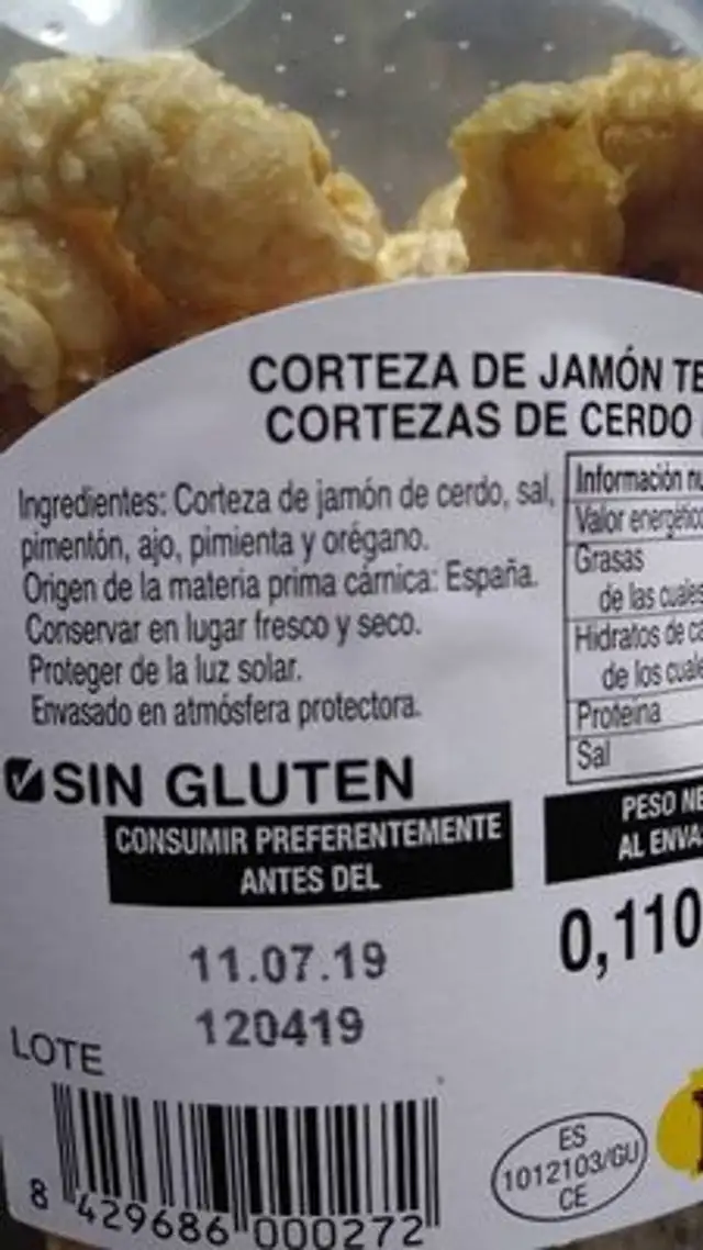 Cortezas de jamón tendilla ingredients label