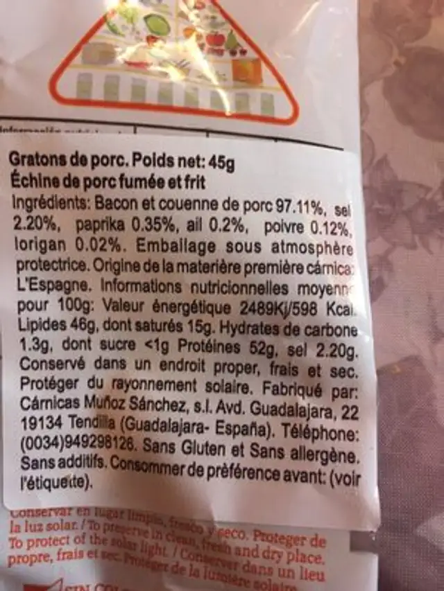Torreznilos ingredients label