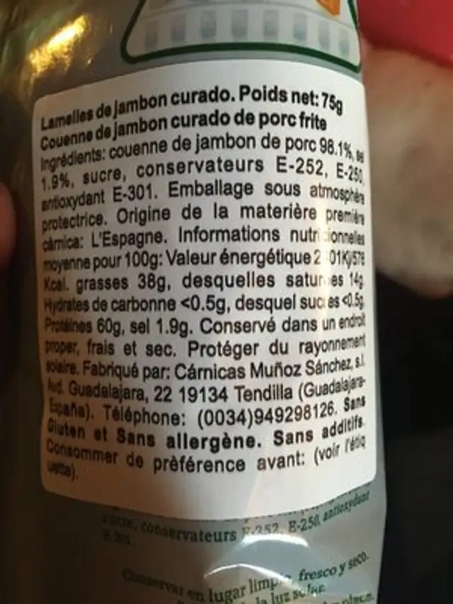Tira de Jamón ingredients label