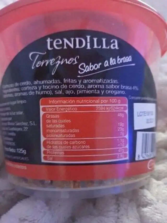 Tendilla torreznos ingredients label
