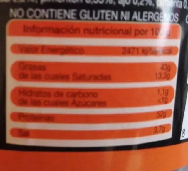 Torreznos sabor barbacoa nutrition facts table