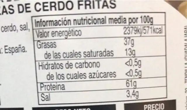 Corteza de cerdo nutrition facts table