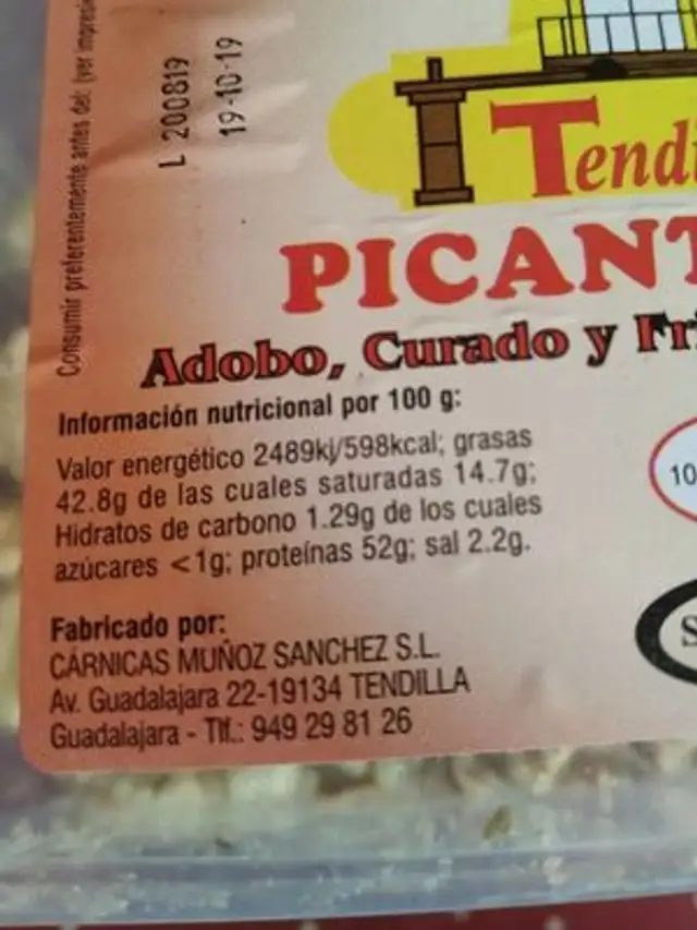 Torreznos nutrition facts table