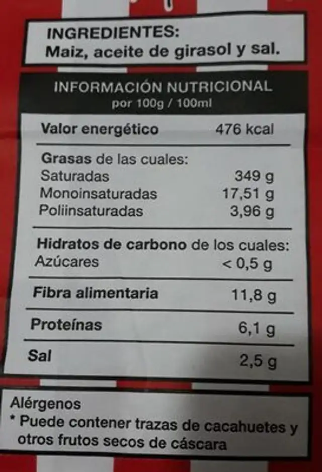 Pop Corn nutrition facts table