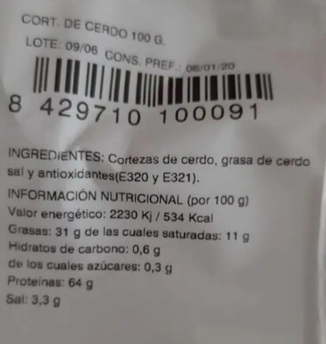 Cortezas de cerdo nutrition facts table