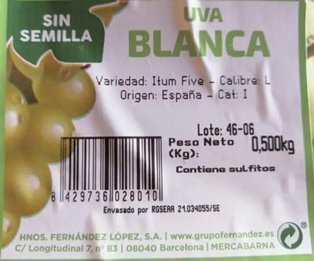 Uva Blanca sin semilla nutrition facts table
