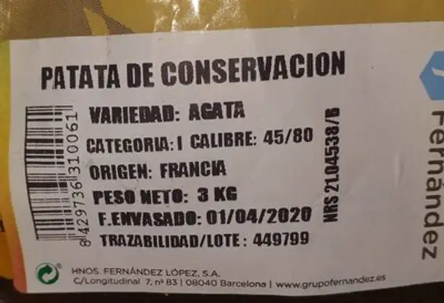 Patata nutrition facts table